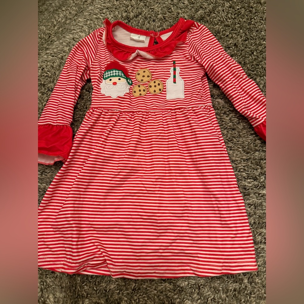 Red Striped Kids Dress with Santa and Cookie Design